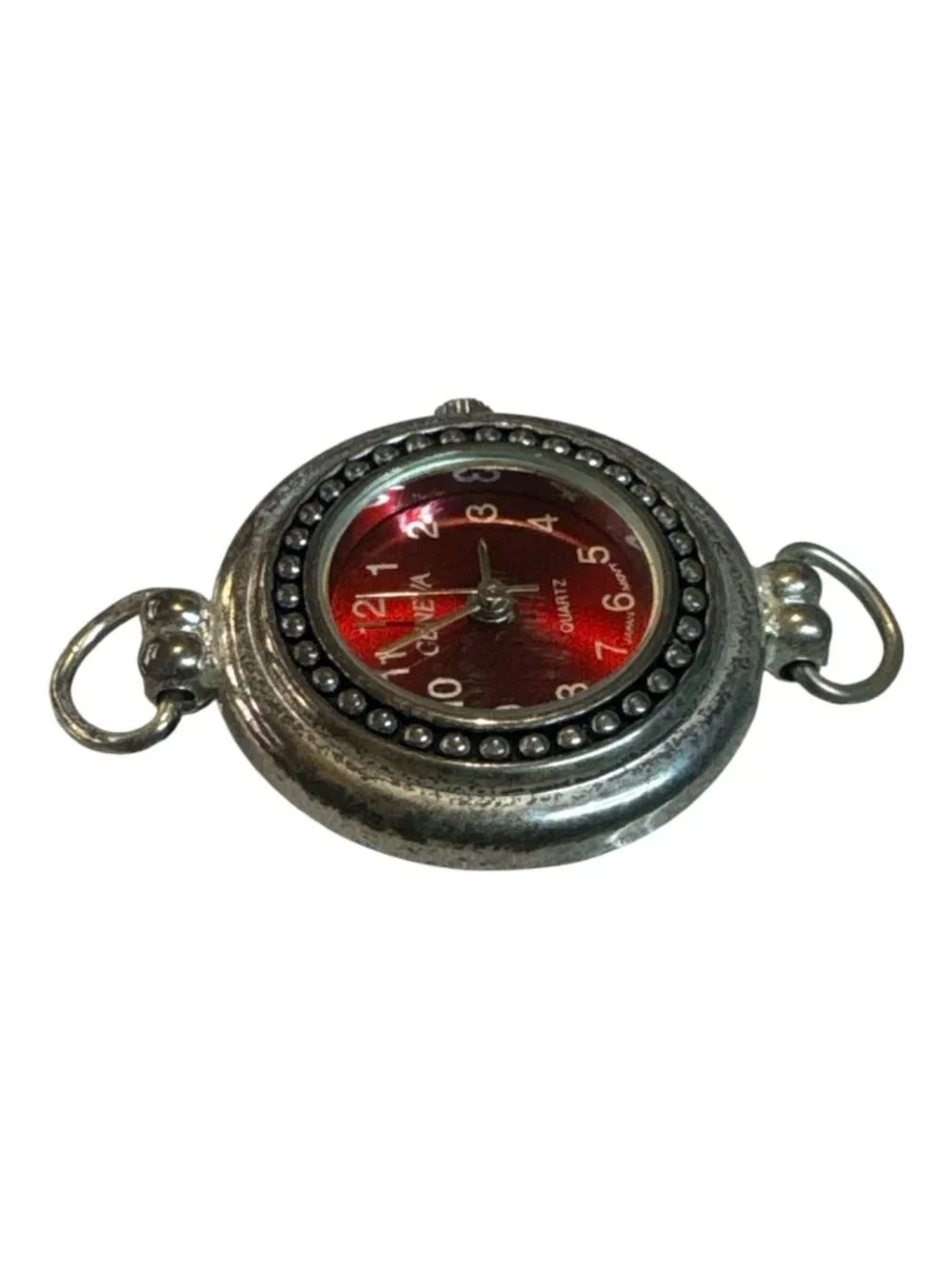 Geneva Red Quartz Pocket Watch Pendant With Stainless Steel Back & Vintage Silve